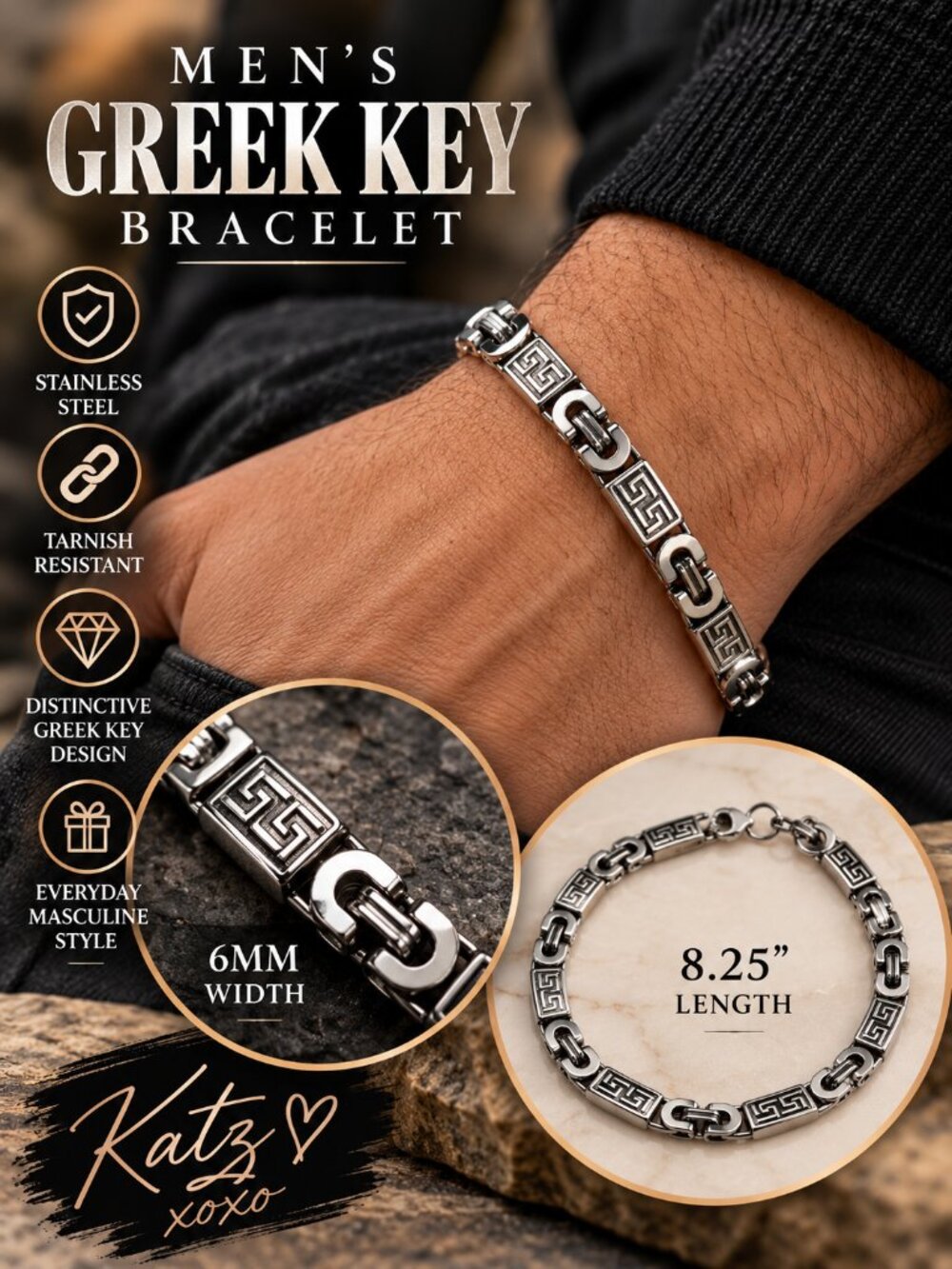 Men's Greek Key Bracelet 8.25" 6mm Stainless Steel Silver Link Jewelry Meander